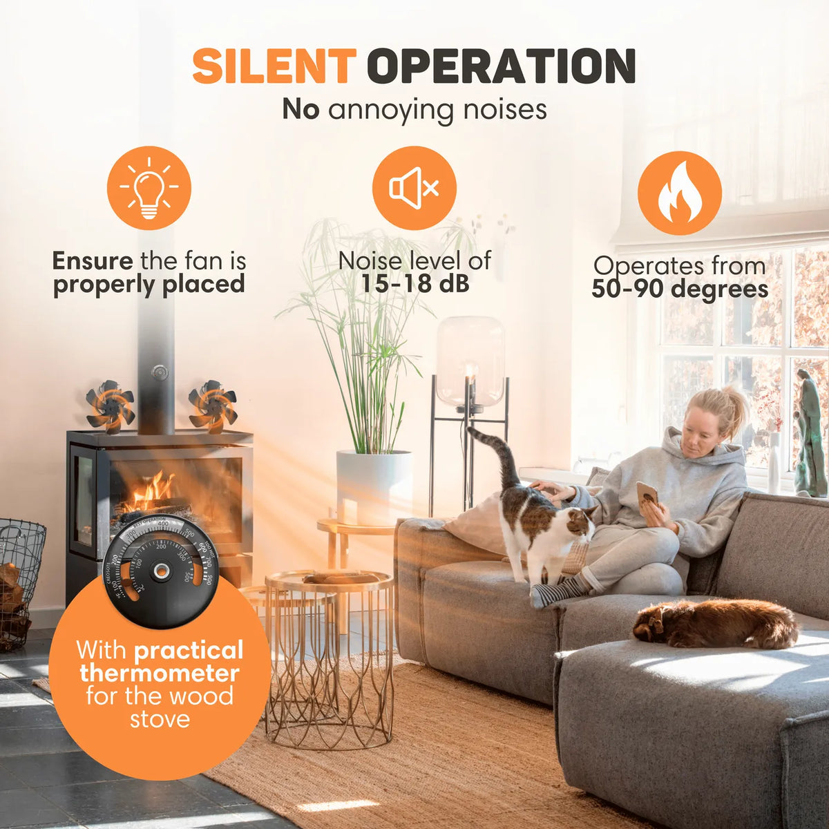 HearthAir fatüzelésű kályhaventilátor — hőmérővel, automatikus indítás/leállítás - Desfino