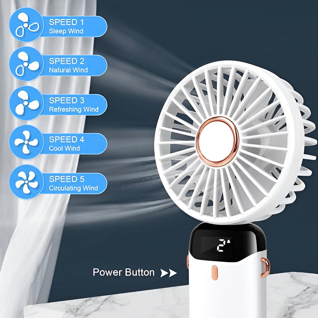 VentoMax genopladelig håndholdt ventilator - støjsvag med 5 hastigheder og 90° drejning - Desfino