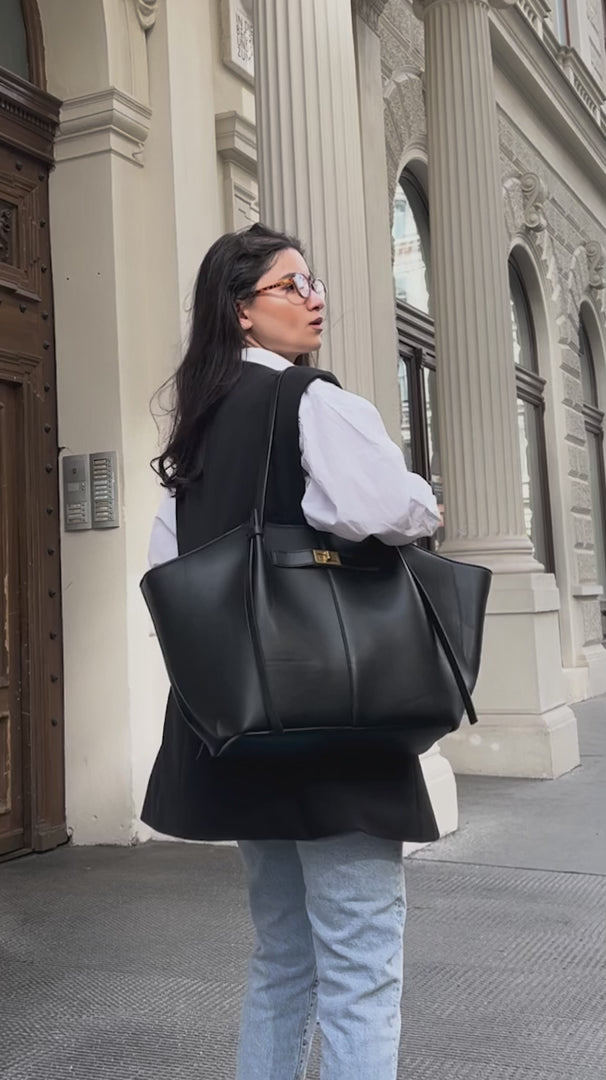 Grand sac cabas haut de gamme en similicuir végétalien — Style structuré - Desfino