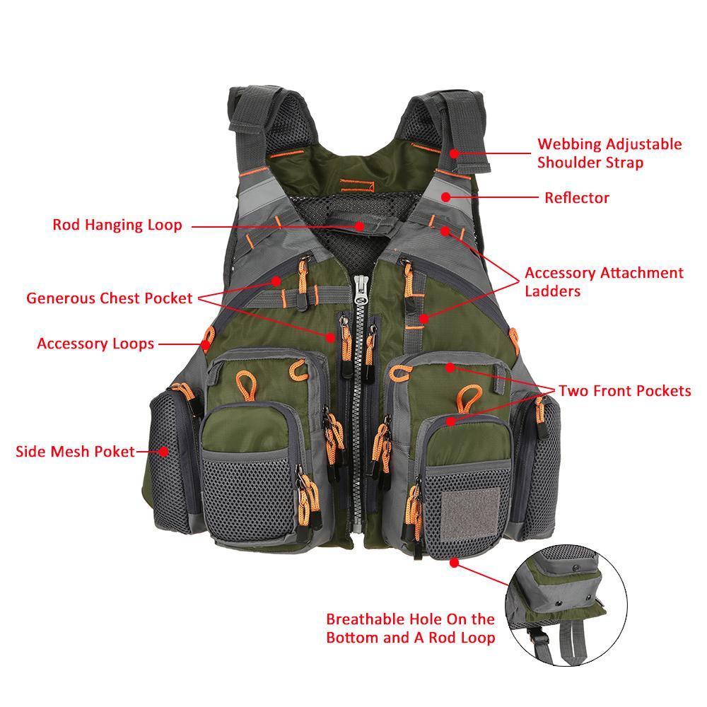Colete salva-vidas de pesca CastAway — Equipamento utilitário para pescadores com mais de 11 bolsos - Desfino