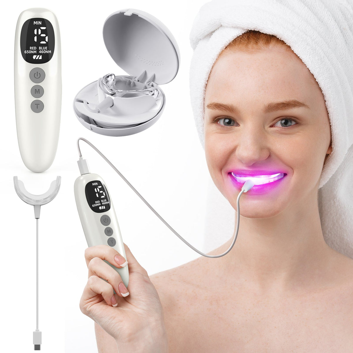 Tragbares Mundstück zur oralen Lichttherapie — Rot- und Blaulichtgerät für 15 Minuten