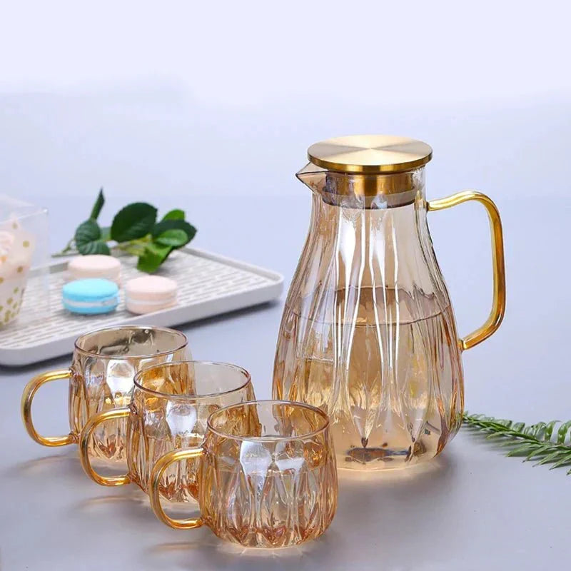 Glass Pitcher Set — Stainless Lid and Serving Cups