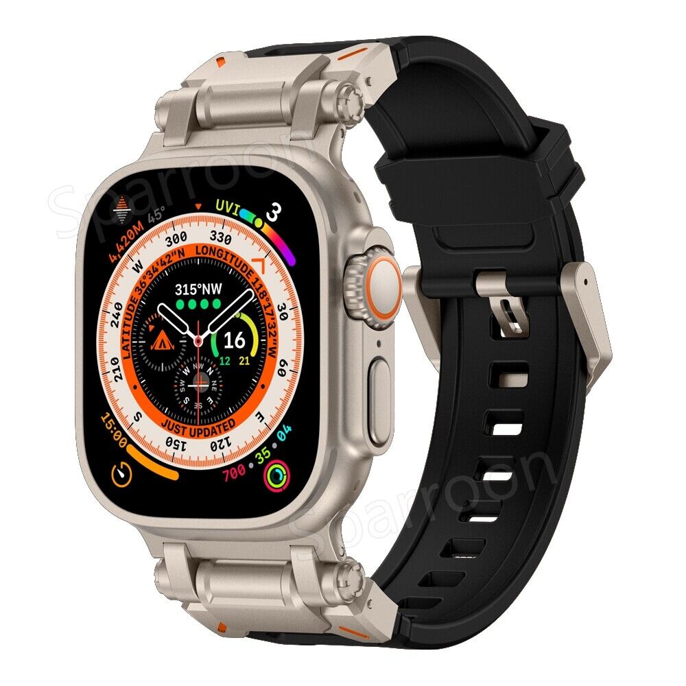 Carcasă metalică Rovelo Ultra și curea din cauciuc fluorurat pentru Apple Watch 9/8/7/6/5/4/SE - Desfino