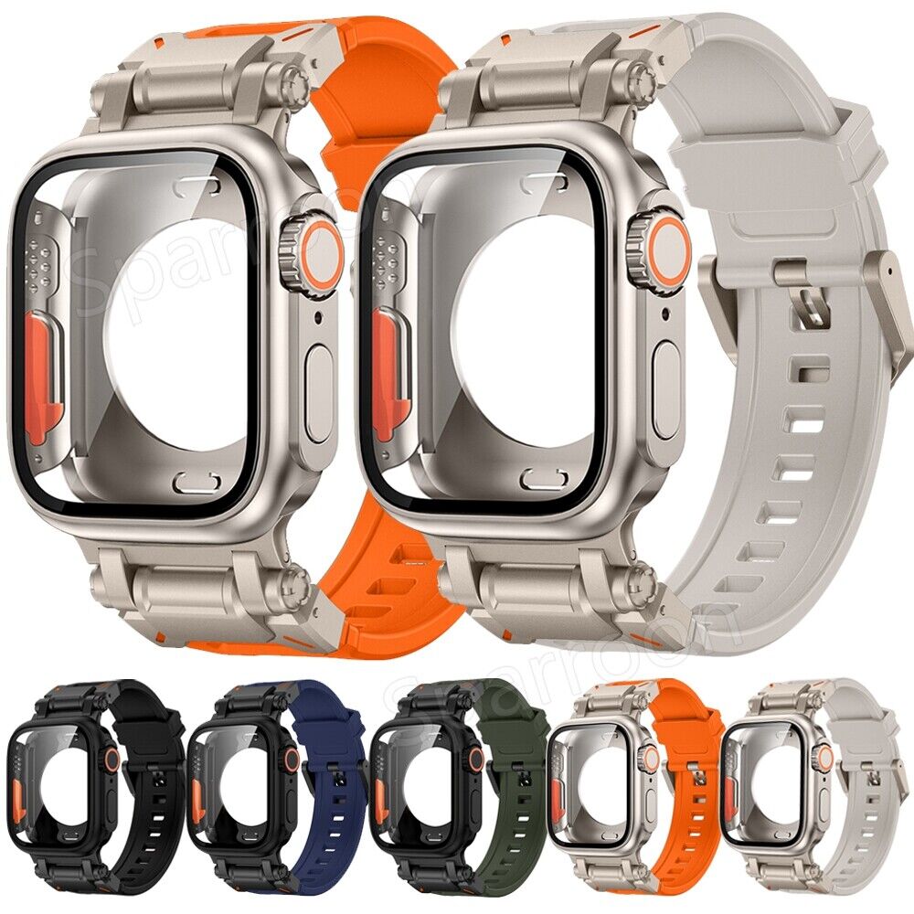 Carcasă metalică Rovelo Ultra și curea din cauciuc fluorurat pentru Apple Watch 9/8/7/6/5/4/SE - Desfino