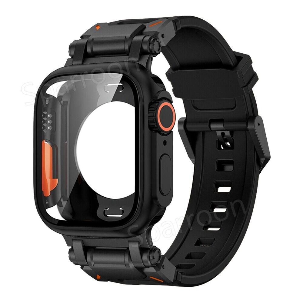 Carcasă metalică Rovelo Ultra și curea din cauciuc fluorurat pentru Apple Watch 9/8/7/6/5/4/SE - Desfino