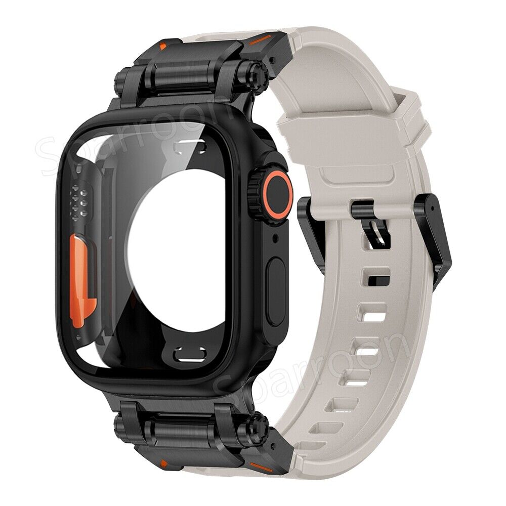 Carcasă metalică Rovelo Ultra și curea din cauciuc fluorurat pentru Apple Watch 9/8/7/6/5/4/SE - Desfino