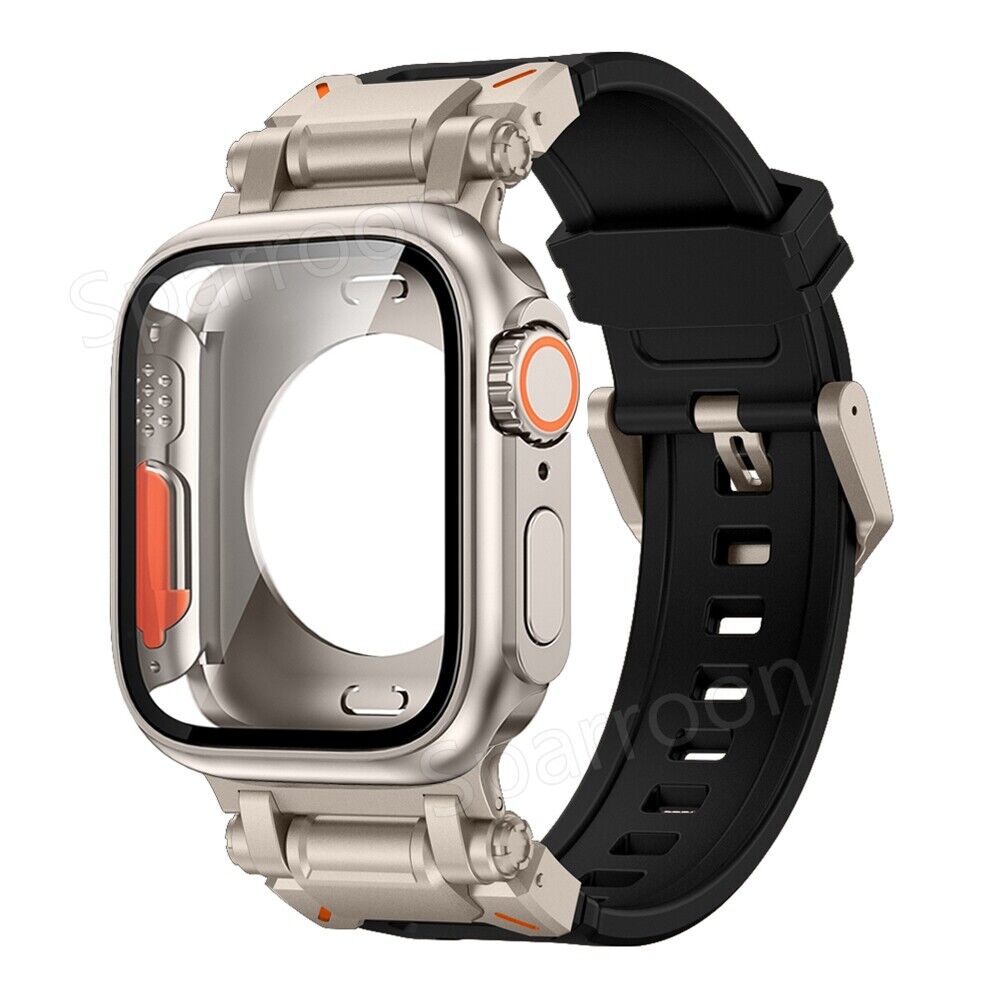 Carcasă metalică Rovelo Ultra și curea din cauciuc fluorurat pentru Apple Watch 9/8/7/6/5/4/SE - Desfino