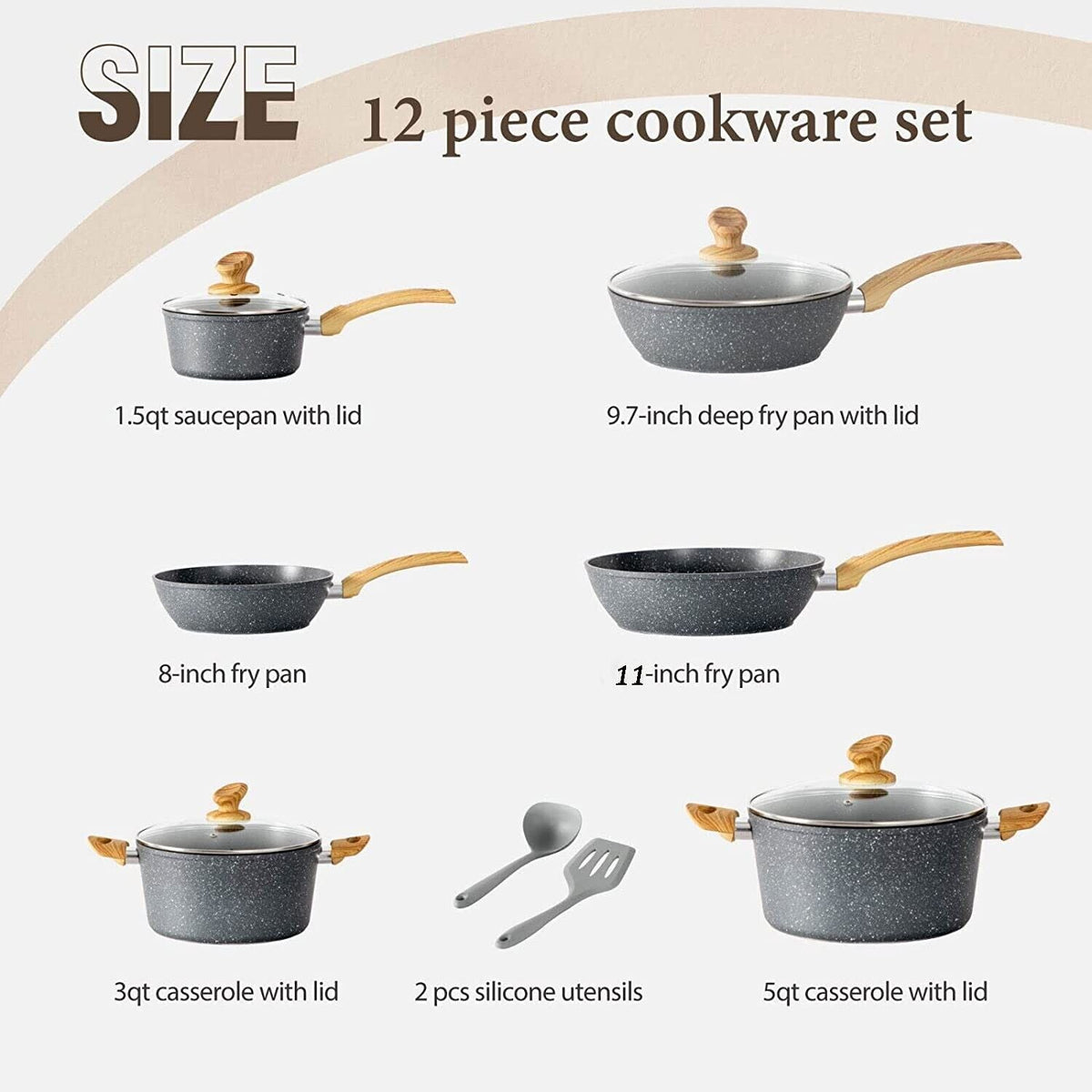 12-Piece Granite-Coated Nonstick Cookware Set — Free Release Surface, Easy Cleanup