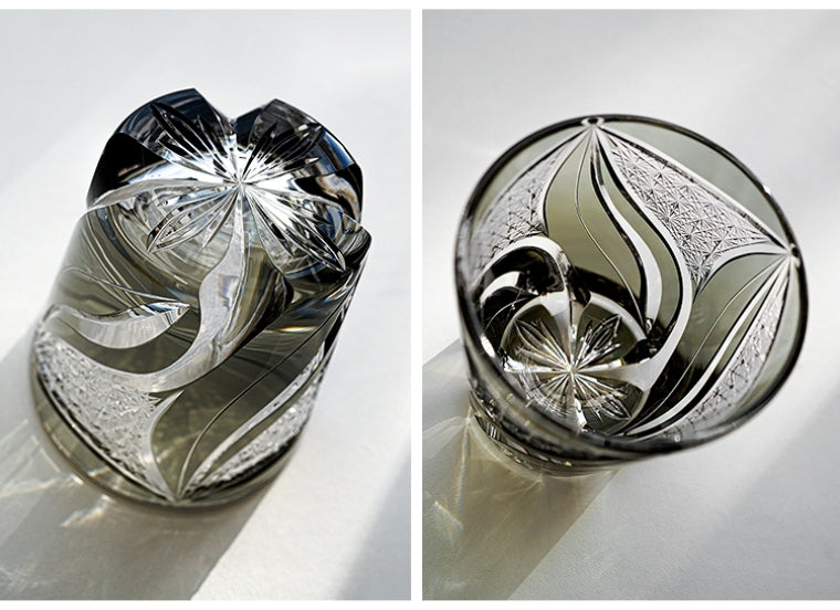 Bicchiere da whisky Kireno Inkstone Flame — Incisione in stile Edo Kiriko, scatola in legno - Desfino