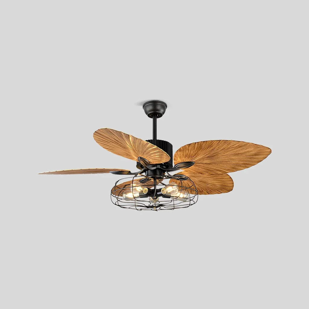 Deckenventilator mit Leuchte und tropischen Palmenblättern im Industriestil | Desfino