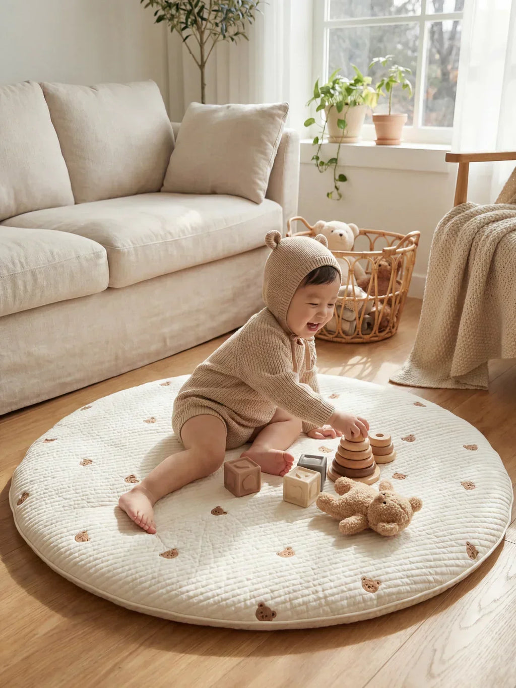 Circular Quilted Cotton Baby Play Mat — Dense Floor Cushion