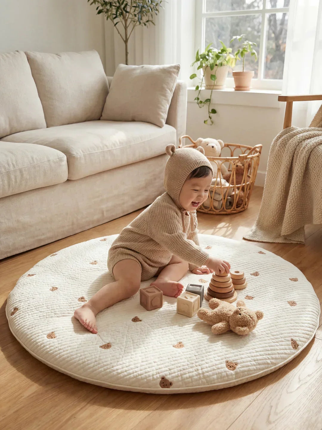Circular Quilted Cotton Baby Play Mat — Dense Floor Cushion