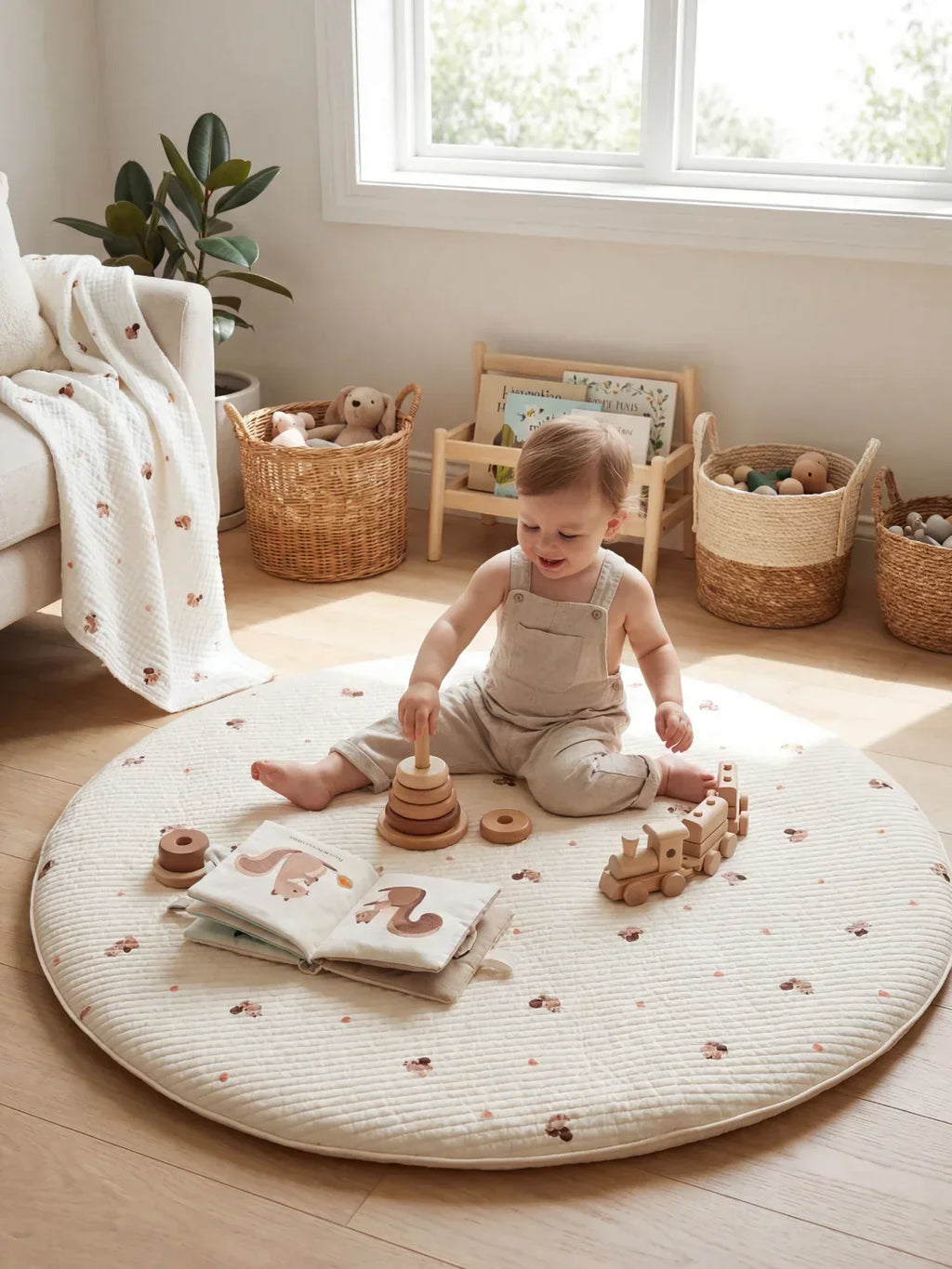 Circular Quilted Cotton Baby Play Mat — Dense Floor Cushion