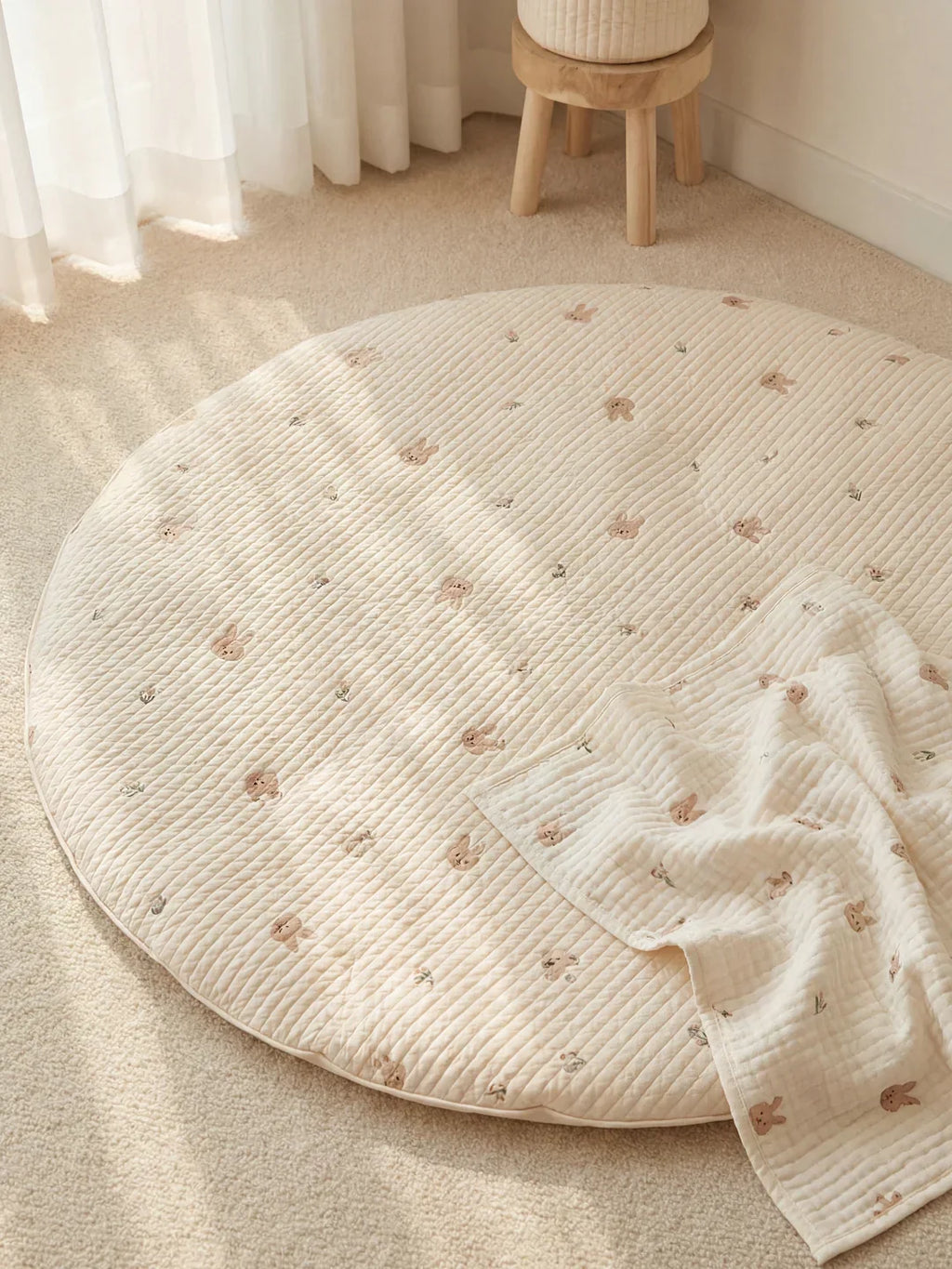 Circular Quilted Cotton Baby Play Mat — Dense Floor Cushion