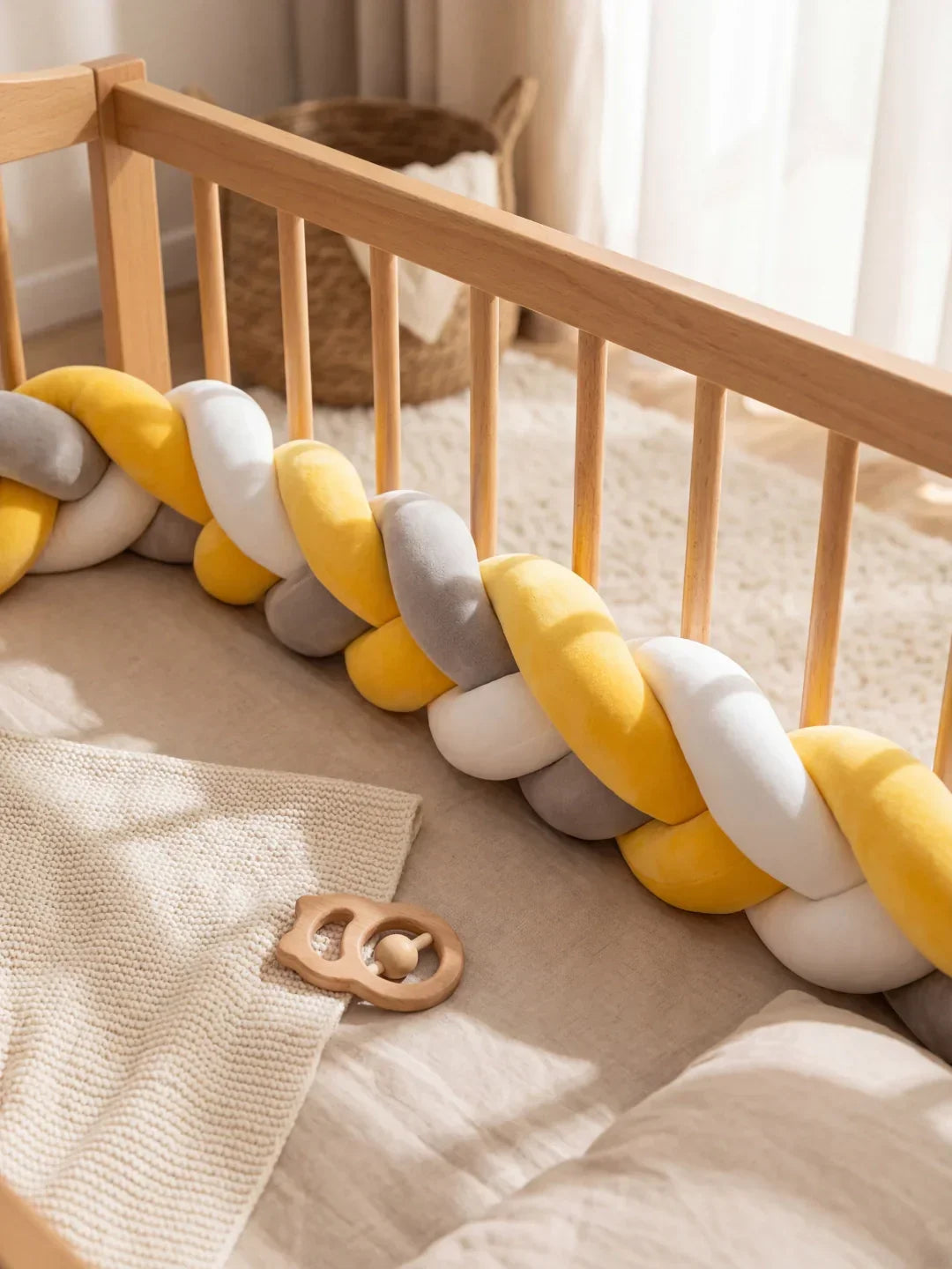 Geflochtener Babybett-Umrandungsschutz aus terrakottafarbenem Samt – sicherer gepolsterter Rand