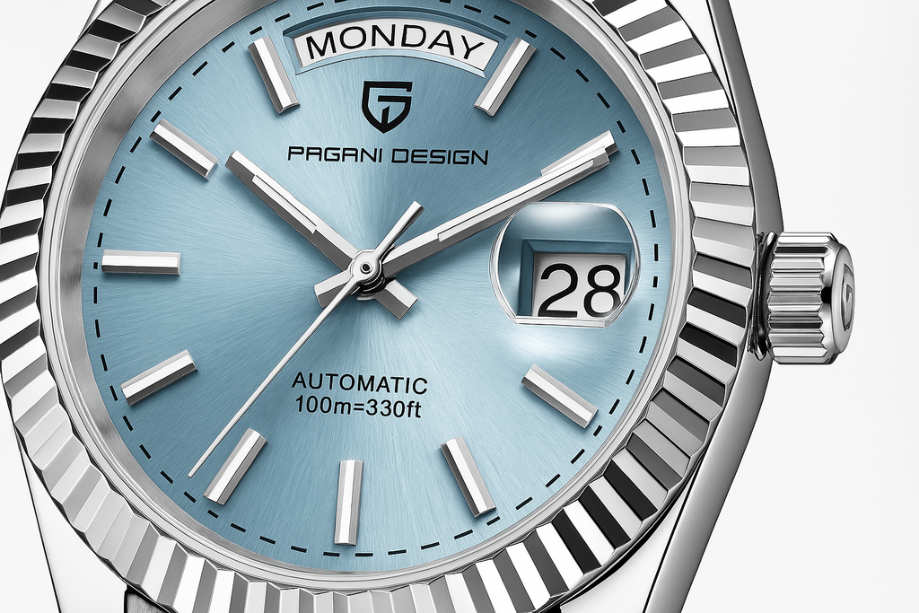 Aurelio Automatik-Herrenuhr aus Edelstahl—Automatischer Aufzug, Tag-Datum-Anzeige - Desfino