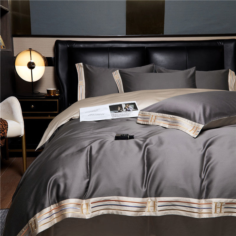 Ensemble de literie en coton satiné brodé NovaQuill, 4 pièces — 300TC - Desfino
